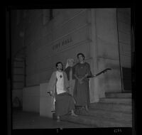 Fountain of the World member Brother Lawrence (left) at City Hall before embarking on cross country Peace Walk to the United Nations, Los Angeles, 1961