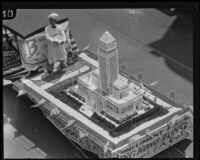 Chinese float with cake replica of City Hall at dedication parade, Los Angeles, 1928