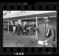 Entertainer Steve Allen with grape boycott pickets, out front of supermarket in Encino, Calif., 1965