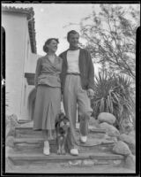 Herman Brix (Bruce Bennett) and his wife, Jeanette walk their dog while on vacation, Palm Springs, 1936