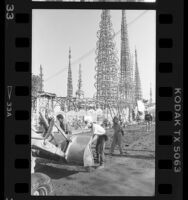 Motion picture filming crew at Watts Towers, Calif., 1986