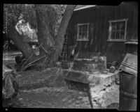 Old farm equipment next to an out building at Rancho Camulos, near Piru