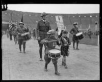 Young boys lead march at Memorial Day parade at the Coliseum, Los Angeles, 1926