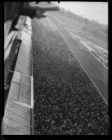 Grandstand view of a horse race at Santa Anita Park, Arcadia, 1936