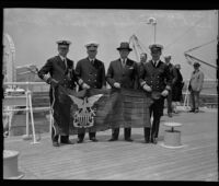 Presentation of Naval Reserve flag to Capt. William R. Meyer by Capt. Alonzo H. Woodbine, Los Angeles Harbor, 1932