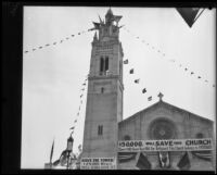 Wilshire Boulevard Congregational Church with fundraising banners, Los Angeles, 1928