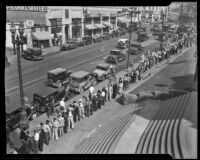 Long line of men wait to register for government-funded day-laborer work, Los Angeles, 1933