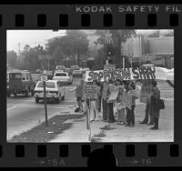 Demonstrators with placards protesting chemical dioxin spraying of Angeles National Forest, Pasadena, Calif., 1976