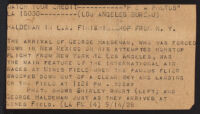 P & A press release about the arrival of George Haldeman and Shirly Short from an air race, Los Angeles, 1928