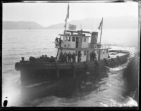 Tug boat carrying Associated Press members during the Wrigley Ocean Marathon, Santa Catalina Island, 1927