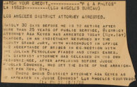 Press release reporting the arrest of Asa Keyes, District Attorney, on bribery charges, 1928