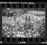 Delegates watching Geraldine Ferraro speak at the 1984 Democratic National Convention in San Francisco, Calif