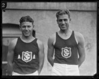 Two USC track team athletes on campus, Los Angeles, 1925