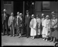 Senator Samuel M. Shortridge and others posing in front of train, Glendale, [1926?]