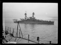 Starboard view of the Navy's battleship USS Nevada during a port visit, San Pedro, 1930-1939