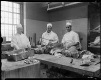 Butchers in the Los Angeles County General Hospital kitchen prepare meat, Los Angeles, [1934]