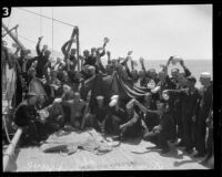 Gun crew aboard the USS West Virginia battleship gathered on deck, 1924-1939