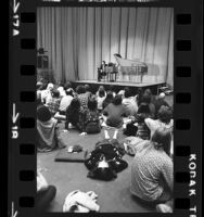 Harpsichordist, Anthony Newman taking questions from audience after performance at UCLA in Los Angeles, Calif., 1973