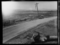 Damaged utility pole in the path of the flood that followed the failure of the Saint Francis Dam, Santa Clara River Valley (Calif.), 1928
