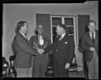 Supervisor John Anson Ford, Eugenio Plummer, and Colonel E. H. Wilcox at the Plummer Park dedication ceremony, West Hollywood, 1938