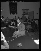 Pasadena Board of Education president, Milton Wopschall speaking before California Senate Education Committee, 1950