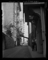 Know Your City No.3 View down alleyway at Angels Flight car Los Angeles, Calif