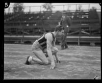 Charley Paddock about to run, Los Angeles, 1920s