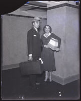 Daisy de Voe, former secretary of Clara Bow, fresh out of jail with her attorney William B. Beirne, Los Angeles, 1932