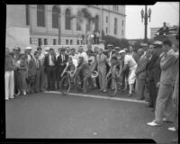 Two cyclists at the start of the Transcontinental Bicycle Relay race, Los Angeles, 1934