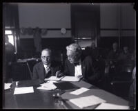 Asa Keyes with attorney Paul Schenck during the Keyes bribery trial, Los Angeles, 1929