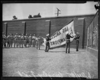 Jack Lelivelt's Los Angeles Angels unfurling pennant, Los Angels, 1935