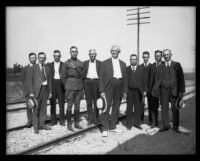 Southern Pacific officials gathered for the arrival of the "Prosperity Special" train, Los Angeles, 1922