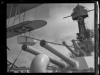 Close up view of the guns on a U.S. Navy battleship