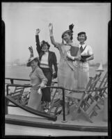 Esther Oatman, Barbara Dawson, Charlotte Craggs, and Leona Lehmer wave from a boat while on their way to an Easter sunrise service, Los Angeles, 1935