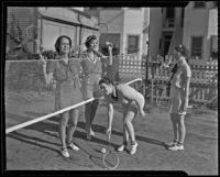 Janice Blanchfield, Eleanor Lawrence, Rosemarie Fredericks, and Margaret Hillebrecht play badminton, 1935