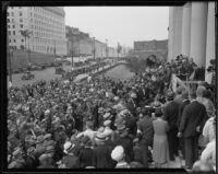 Crowd on City Hall steps for unemployed meeting, Los Angeles, 1929-1939