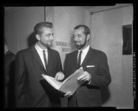 Teachers Paul Finot and Ken Miedema at Pasadena Board of Education hearing in Los Angeles Superior Court, Calif., 1963