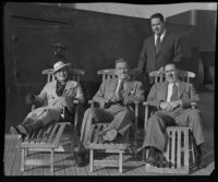 Hortensia Elias Calles de Torreblanca, General Plutarco Calles, Fernando Torreblanca and Enrique Torreblanca relax aboard a deck of the Malolo, Los Angeles, 1935