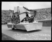 Berendo Junior High School students in costume on float depicting California history, Shriners' parade, Los Angeles Memorial Coliseum, Los Angeles, 1925