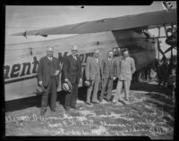 W. R. Angell and city officials at plane show, Rogers Airport, Los Angeles, 1927