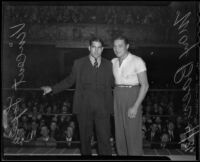 Fighter Vincent Lopez and Max Baer in the ring, Los Angeles, 1936