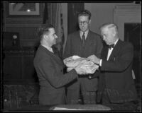 George A. Terhune, Warren Browning, and Robert L. Burns discuss pension plans, Los Angeles, 1936