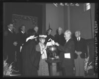 Chinese Methodists burn church mortgage in ceremony in Los Angeles, Calif., 1950