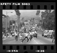 Great American Yankee Freedom Band marching down Sunset Blvd. to open Sunset Junction Street Fair in Los Angeles, Calif., 1980