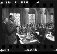 Mayor Tom Bradley in council chambers, addressing city officials and council members on his first day of office in Los Angeles, 1973