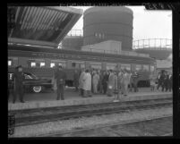 Nikita Khrushchev and party board train for trip to Northern California in 1959