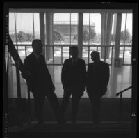 Henry Dreyfuss, left, Lew Wasserman and Walt Disney on grand staircase of Music Center Pavillion, Los Angeles, 1965