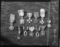 Medals belonging to impresario L. E. Behymer, Los Angeles, 1934