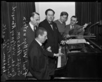 Amputee Paul Wittgenstein plays piano for Joseph Achron, Erich Wolfgang Korngold, Getrude Ross, and Lyham Noack, Los Angeles, 1934