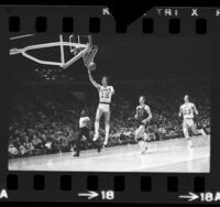 Los Angeles Lakers Pat Riley going for a lay-up during game vs Golden State Warriors, 1974